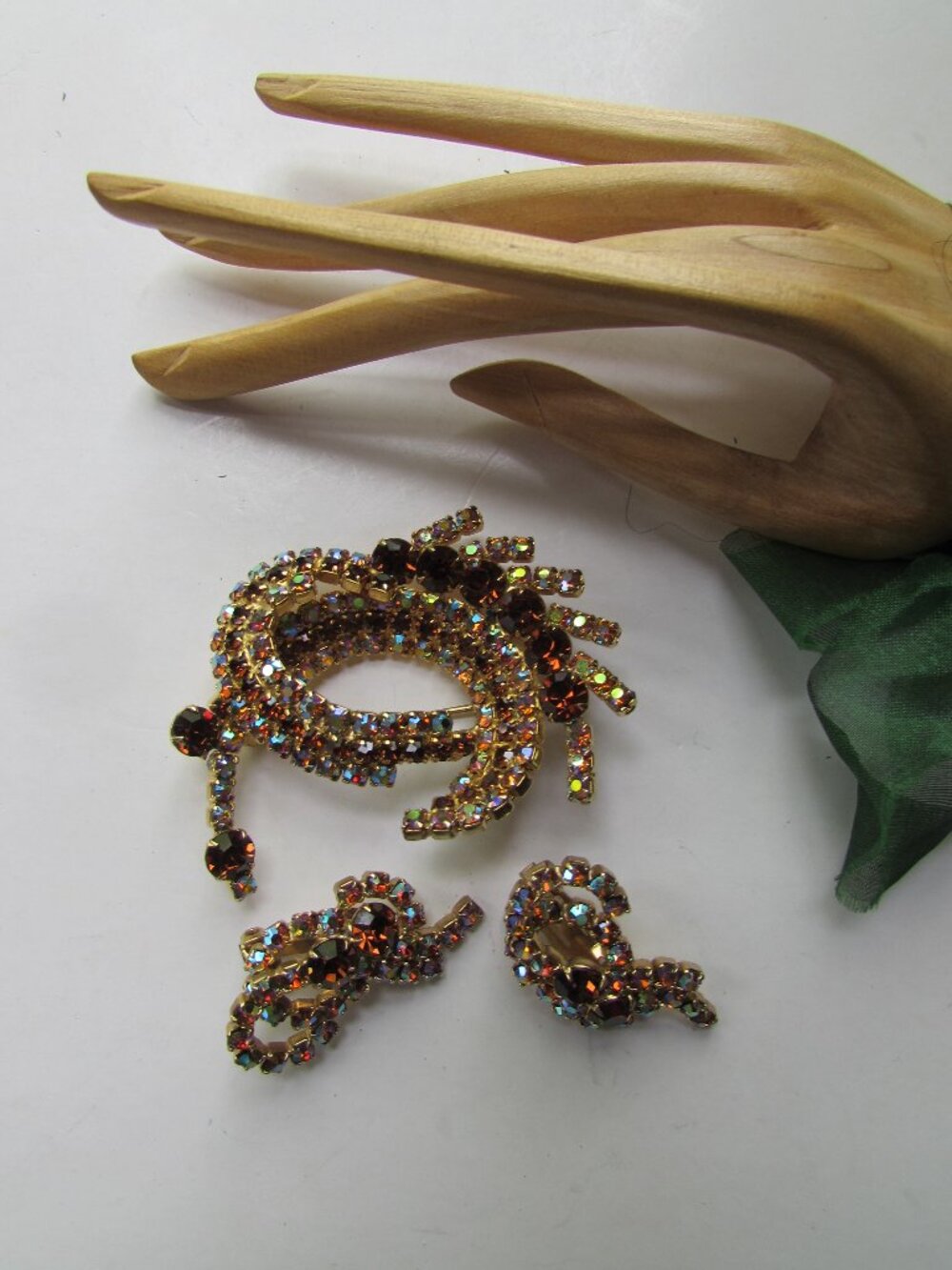 Brooch Clip Earrings Root Beer Rhinestones Iridescent Swirl Design